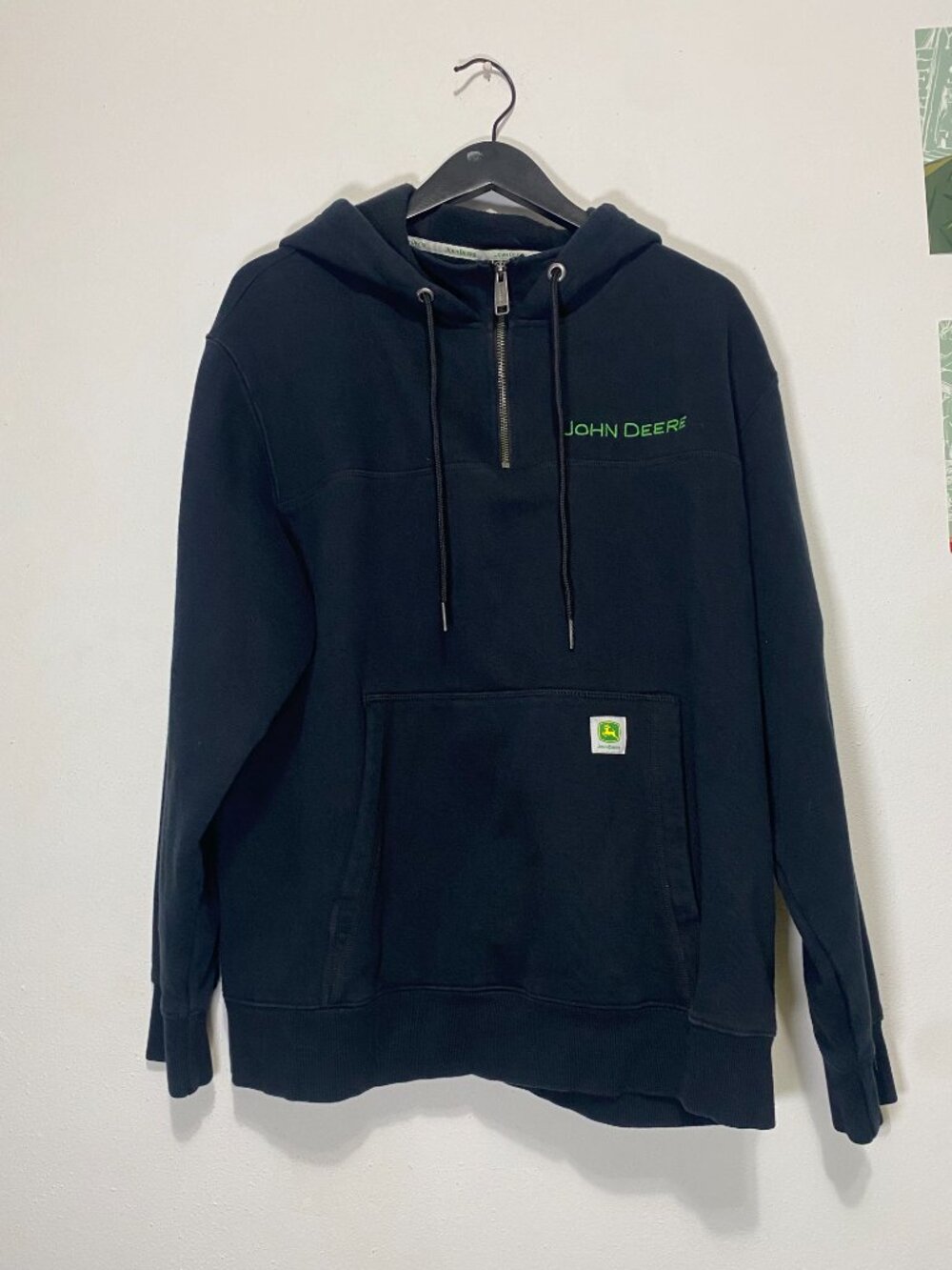 John Deere Men's Black Quarter Zip Hoodie Green Embroidered Logo Large